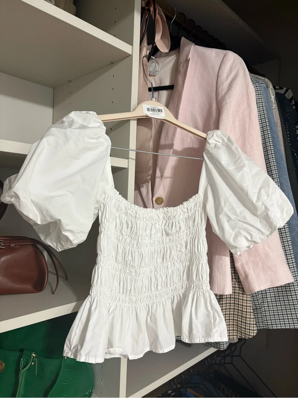 Astr White Puff-Sleeve Smocked Peplum Top